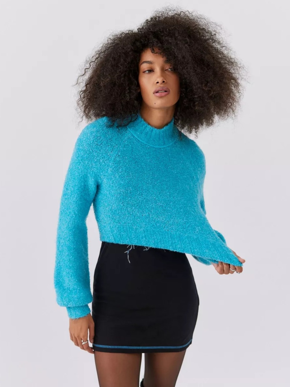 Urban Outfitters Cropped Mock Neck Sweater Size XS Blue Balloon Sleeve